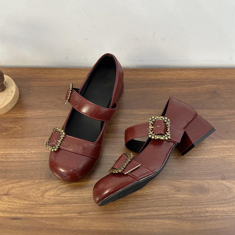 Fashion Rhinestone Metal Buckle with Square Heel Single Shoes Autumn New Round Toe Deep Mouth Non-slip Wear-resistant High Heels