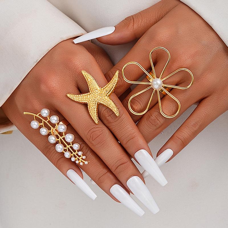 

3Pcs Metal Pearl Flower Leaves Open Rings for Women Exaggerated Gold Color Starfish Punk Finger Rings Beach Style Jewelry Gifts