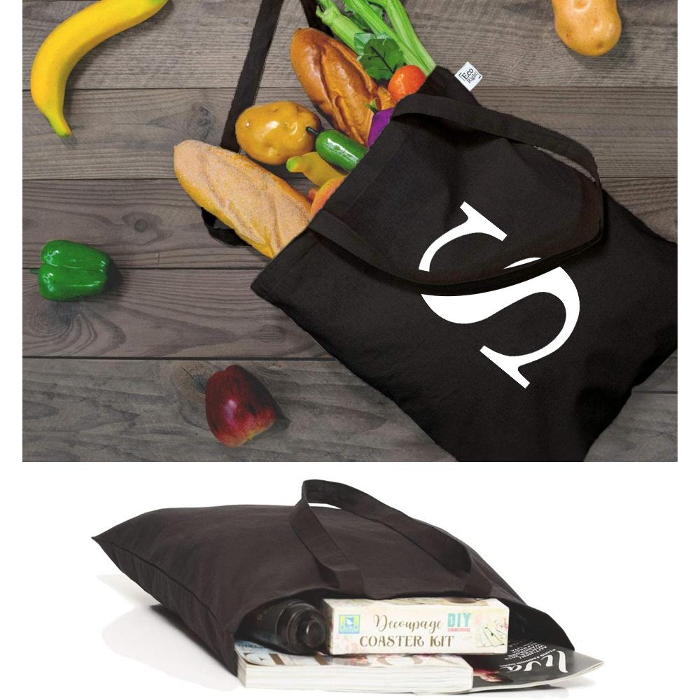 Women's Black Shopping Bag Casual Large-capacity White Letters Initial Name Pattern Printing Series Canvas Shoulder Bag Reusable