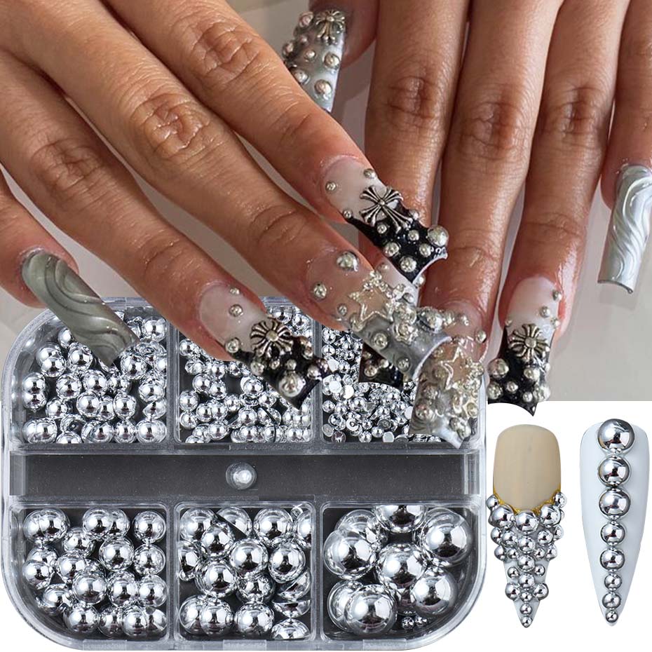 Xiaomi 6 Grids Mixed Size Golden Silvery Semicircle Pearls Nail Art Charms Punk Gothic Design Japanese Nail Art Decoration Nail Supplie