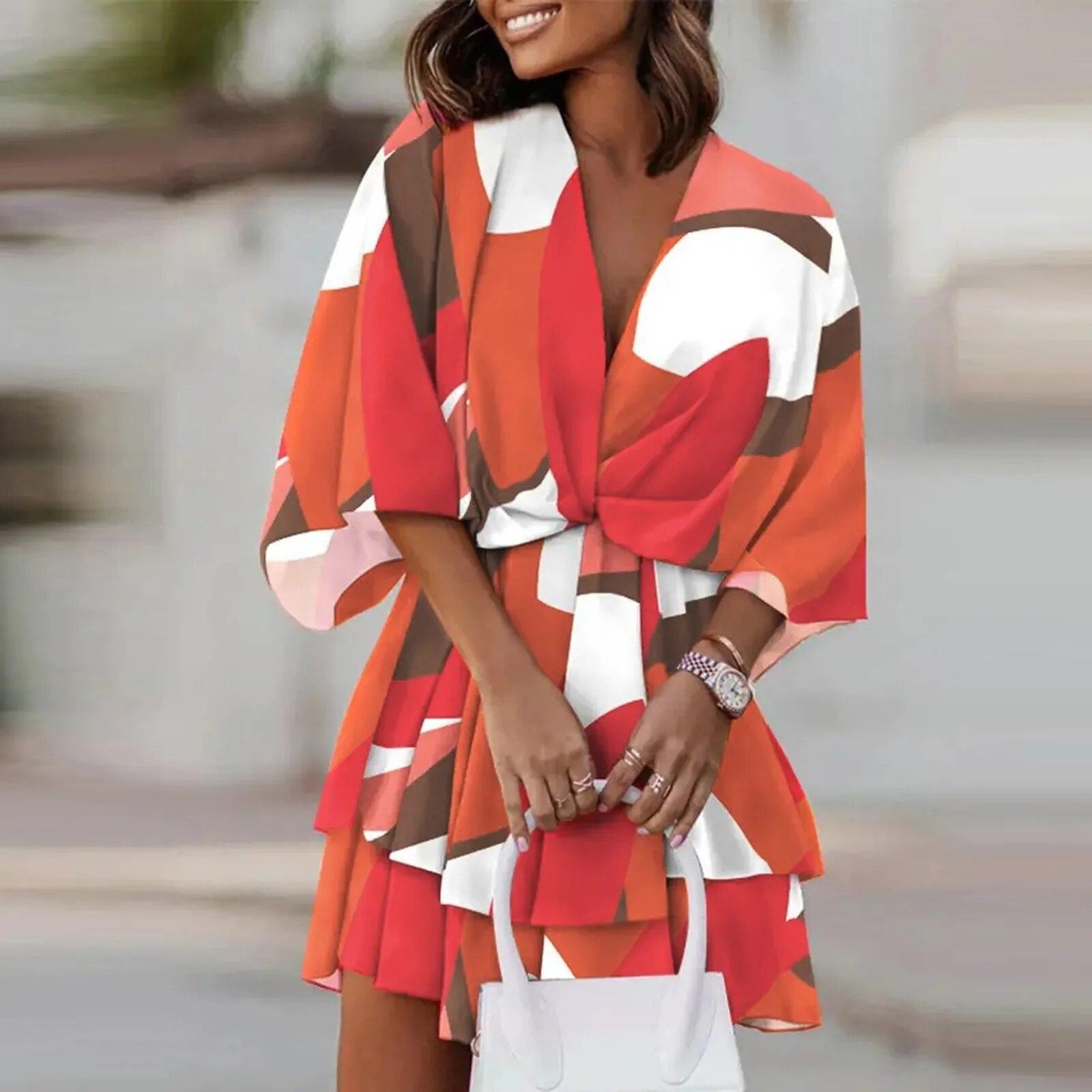 

Женское платье в стиле бохо с цветочным принтом, летние сексуальные свободные платья с v-образным вырезом и рукавами «летучая мышь», на шнуровке, женское пляжное праздничное мини-платье, одежда XXXL красный