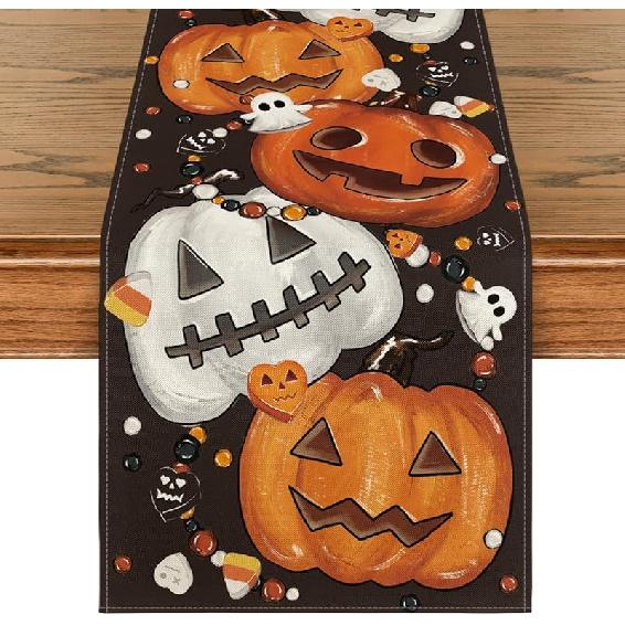 Artoid Mode Jack-O -Lantern Pumpkins Spooky Black Halloween Table Runner, Candy Corn Kitchen Dining Table Decoration for Home Party Decor 13x48 Inch 13  x 60 , Table Runner чёрный