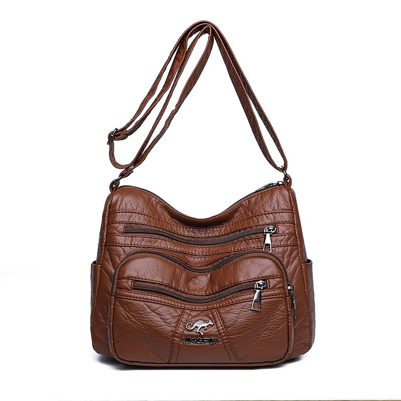 Women's Soft Leather Bag Middle-Aged Mother Crossbody Bag Large Capacity Multi-Pocket Commuter Shoulder Bag