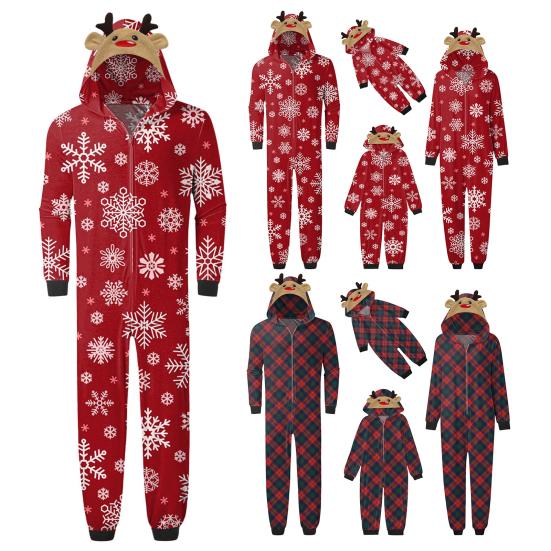 Christmas Family Matching Pajamas Set Elk Snowflake Print Long Sleeve Loungewear Full-Body Jumpsuit for Christmas Holidays And Family Gatherings