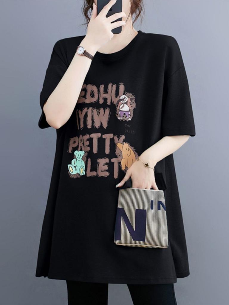 New Summer Women's T-shirt Short-sleeve Cotton Mid-Length Pocket Loose Slim Shirt Split Round Neck Cartoon Letter Printed Tops