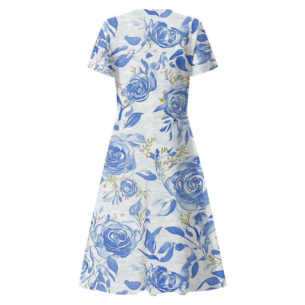 Damen Sommer Freizeitmode Druck Tasche Kurzarm V-Ausschnitt Schwingkleid