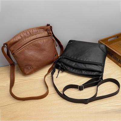 Soft Leather Women's Bag New Shoulder Bag Retro Small Bag Washed Leather Casual Fashion Multi-layer Messenger Bag Tide