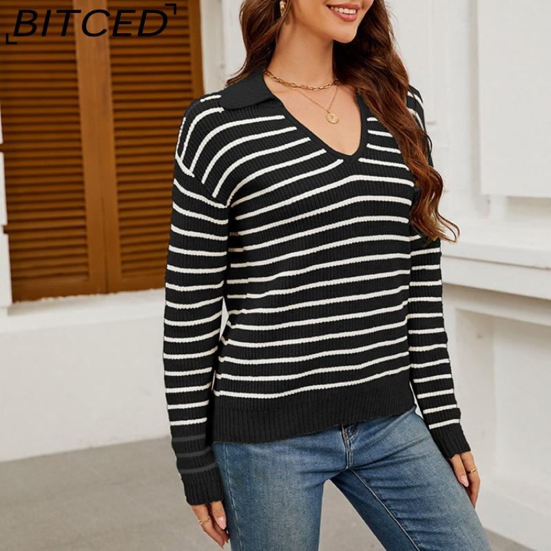 BITCED Women's Autumn/Winter Striped Sweater Casual Oversized Long-Sleeved Minimalist Pullover Knit Base Layer