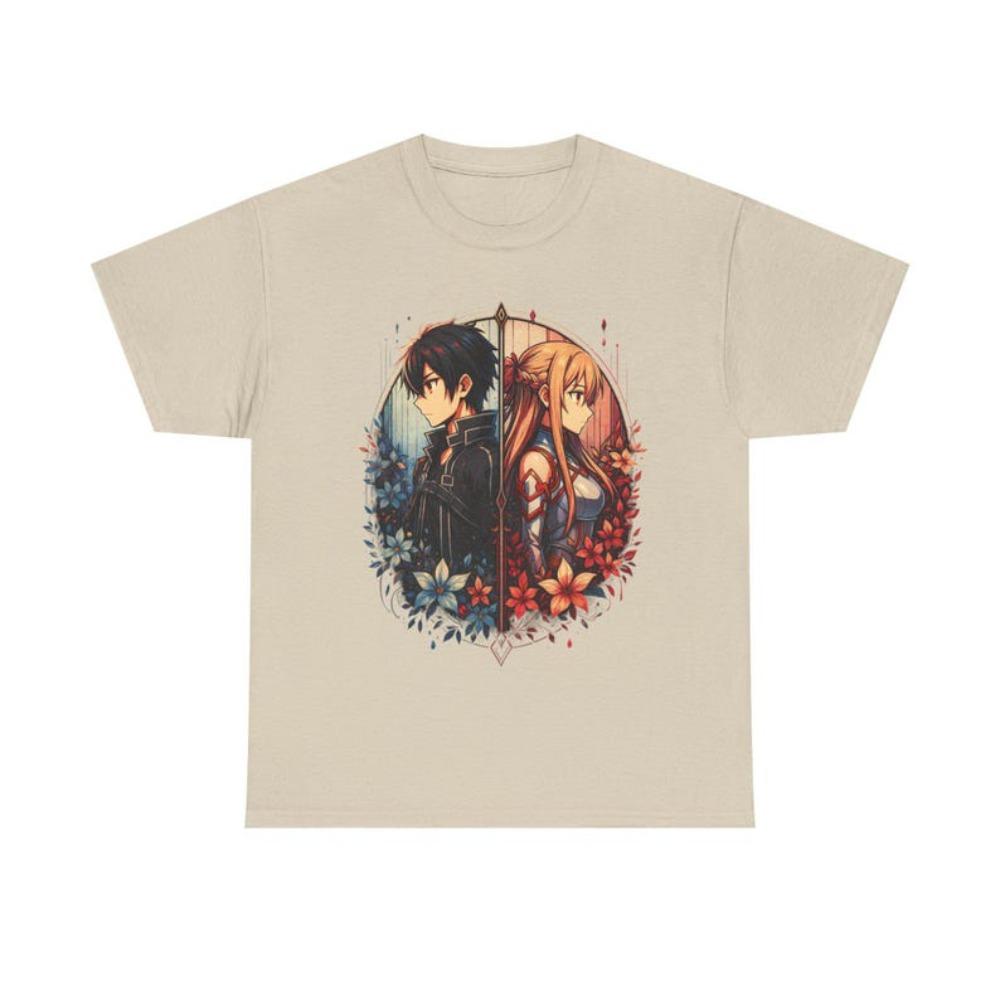 Oversized Black Short-Sleeve T-Shirt Featuring Sword Art Online Kirito & Asuna Split Portrait Floral Frame Graphic Print For SAO Fans & Anime Couples