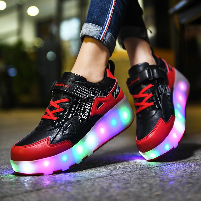 27-43 Detachable Wheel Boys/Girls Double Wheel Luminous Sneakers Can Be Charged Sneakers for Skating Kids Roller Skating Boots