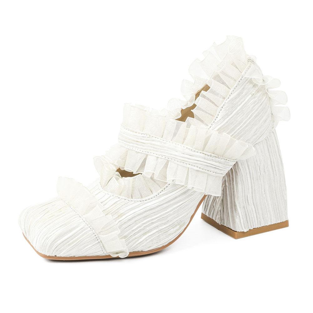 Дизайн бренда Рюши Сладкая Лолита Мэри Джейн Туфли-лодочки Кружево Плиссированный Балетный стиль Складки Массивный Высокий каблук Обувь Женская 34 белый 5460₽
