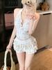Floral Halter Neck Slimming Swimsuit: 2025 Two-Piece Skirt Style, Push-Up for Small Busts, Conservative Design, Pure Desire.