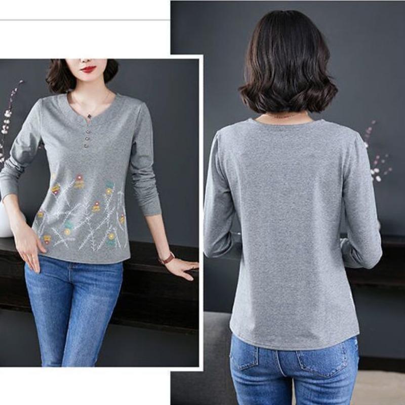 Women Fashion Print Elegant T-shirt Autumn Casual V-Neck Long Sleeve Slim Pullover Solid Color Basic Blouse