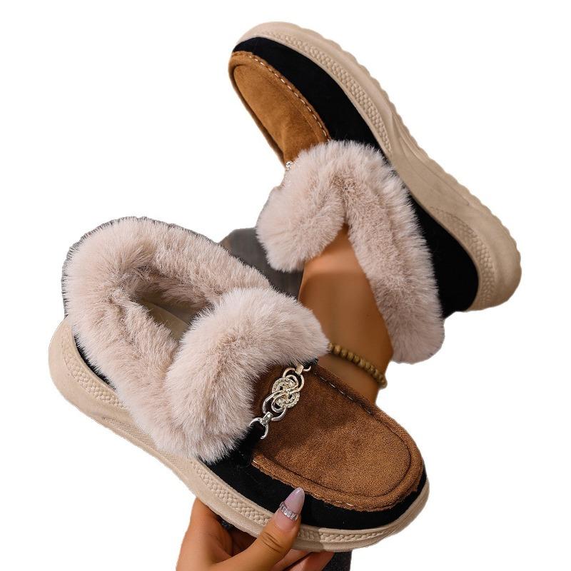 Warm Sneaker Women's Shoes 2025 Winter Plus Size Thick Sole Fleece Metal Chain Cotton Shoes