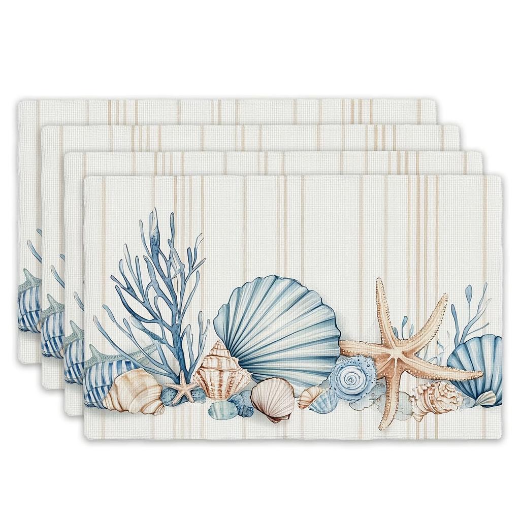 Set di tovagliette con conchiglie e stelle marine, tema costiero, in lino, per decorazione tavolo da pranzo