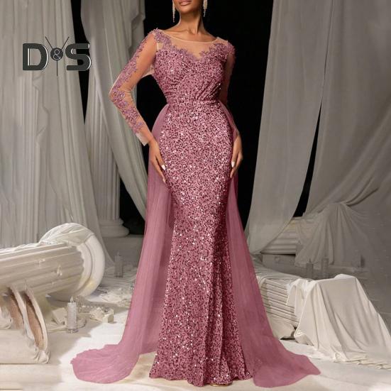 Damen Pailletten Abendkleid Spitze Langarm Bodycon Maxikleid Funkelndes bodenlanges Mesh Patchwork Overlay Kleid für Cocktail Hochzeit Partys