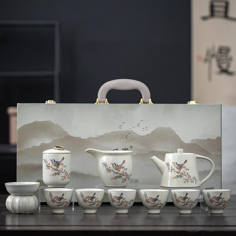 

Бежевый Чайный набор Кунг-фу печи Жу Домашний Чайный набор Керамический чайник с крышкой Чаша Пиала Чайный поднос Легкая роскошь Высококлассная подарочная коробка светло-желтого