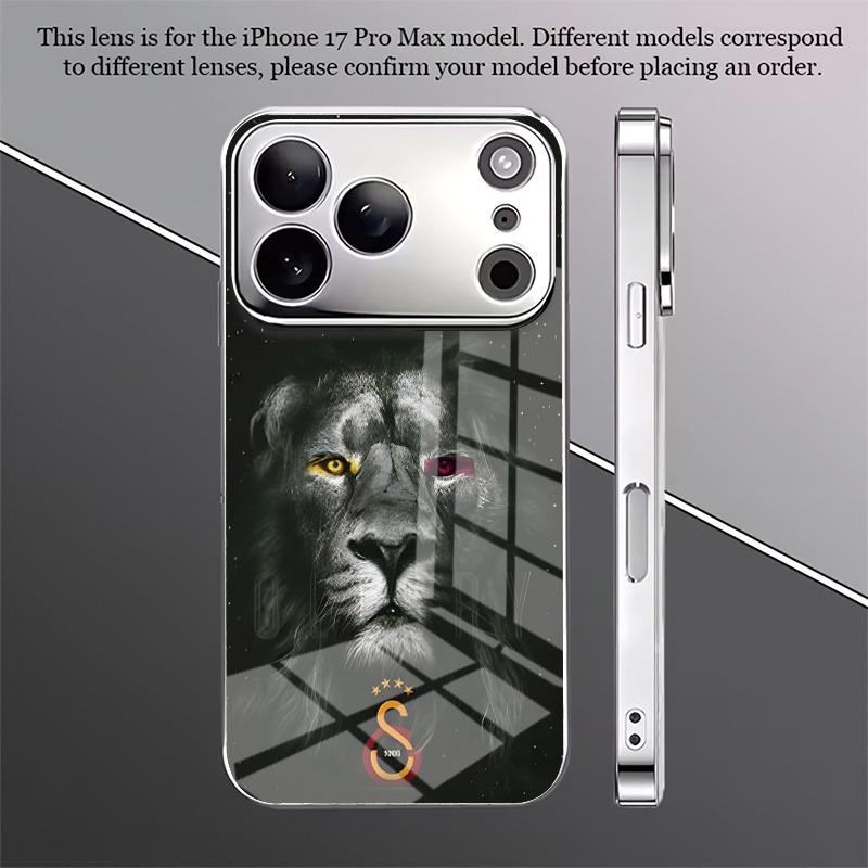 Cool Lion King Pattern Tempered Glass Phone Case For iPhone 17 16 15 14 13 12 11 Pro Max 16 Plus 17Air Electroplate Silver Cover