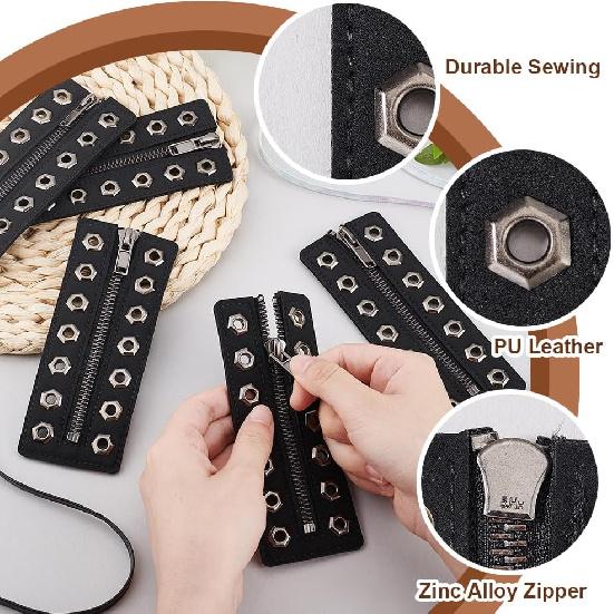 PH PandaHall 4Pcs No Tie Leather Boot Zipper Inserts, 7 Eyelets Zipper Boot Laces Black Metal Zipper Inserts for Men Women Crochet Purse Making