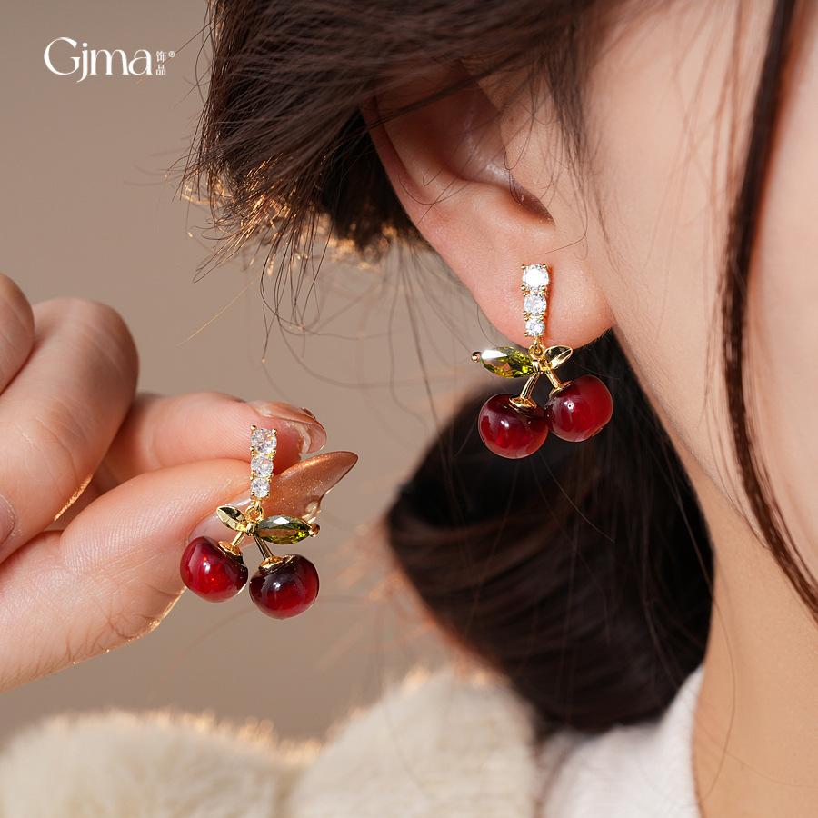 Retro temperament geometric zircon resin cherry stud earrings exquisite earrings women