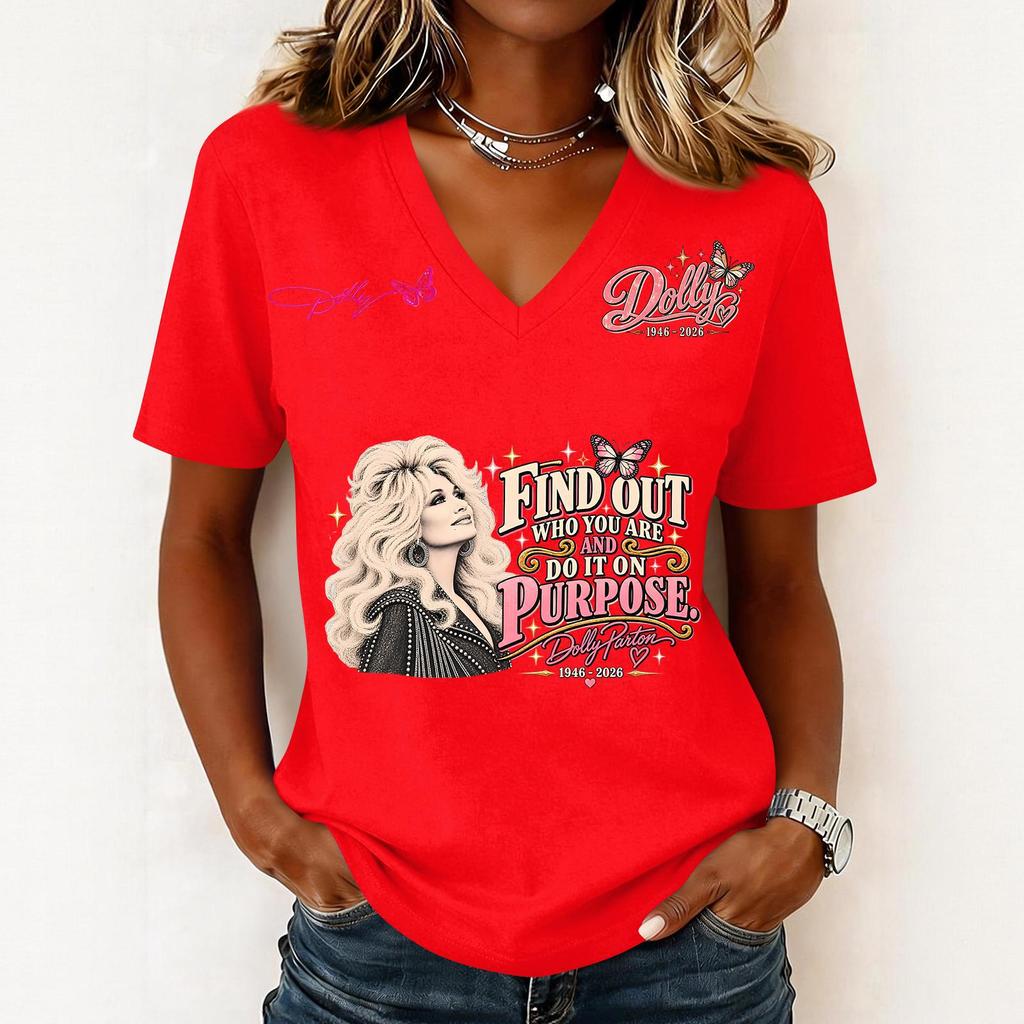 Women's Casual V-Neck Letter Print Short Sleeve Pullover T-Shirt for Everyday Wear
