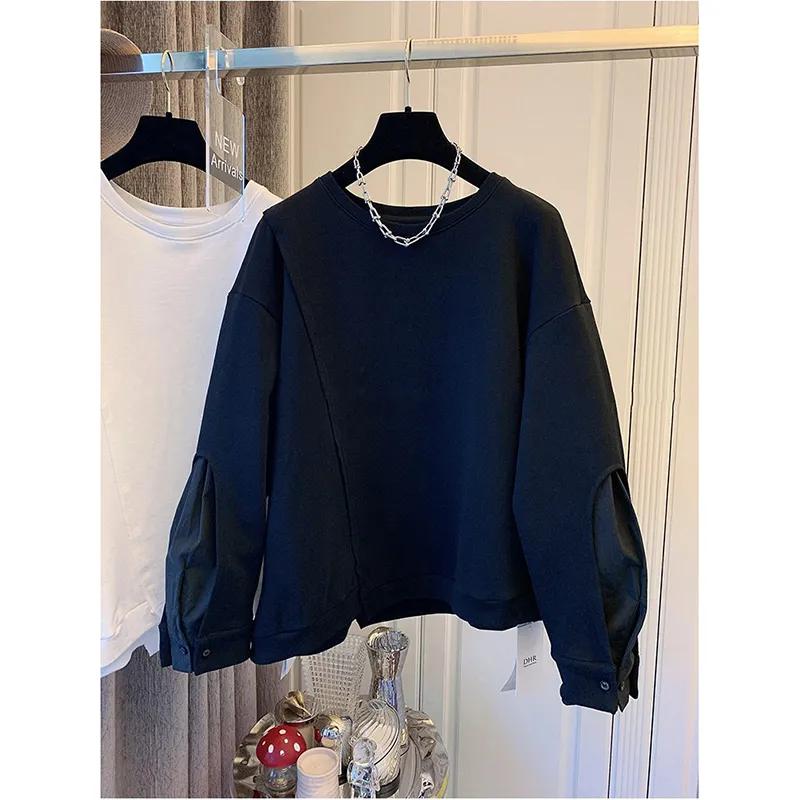 Women Spring and Autumn Design Thin Splicing Sweatshirt Vintage Solid Color Round Neck Top