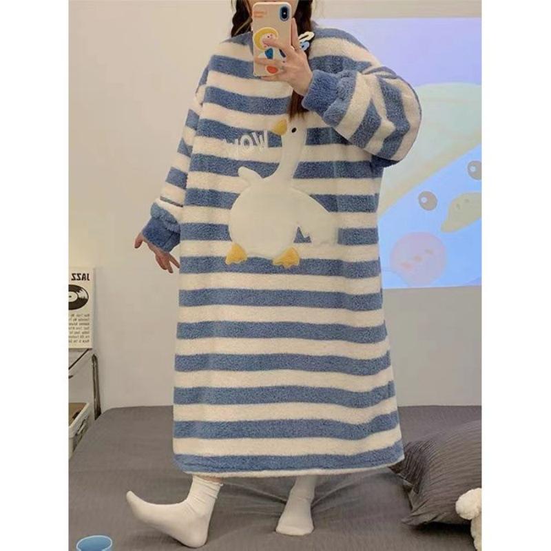 Women’s Autumn/Winter Cartoon Flannel Pajama Set - Long Sleeve Pullover with Round Neck Size 2