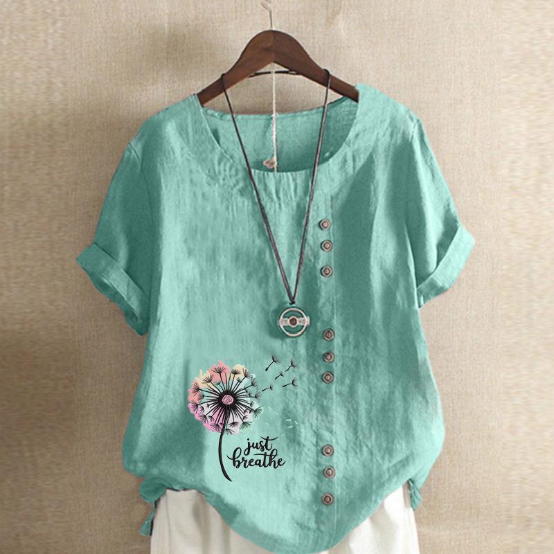 Women's Fashion Colorful Dandelion Prined Short Sleeve T-shirt Loose Cotton Shirt Casual Loose Summer Blouse Tops Plus Size