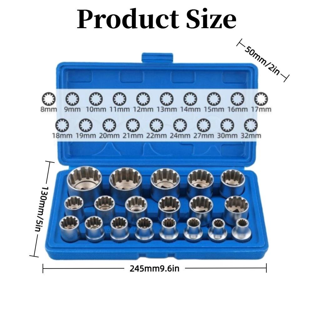 19 Pcs 8-32mm Spline Socket Set Metric Socket Wrench Set 12 Point Socket Set  Repair Tool