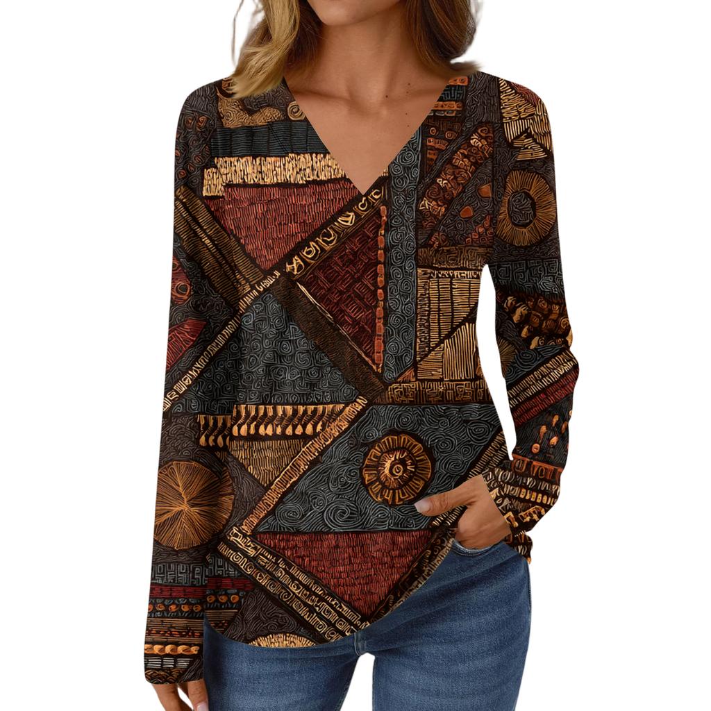 Women's Casual Fashion Brushed Retro Floral Print Long Sleeve V-Neck Top T-Shirt