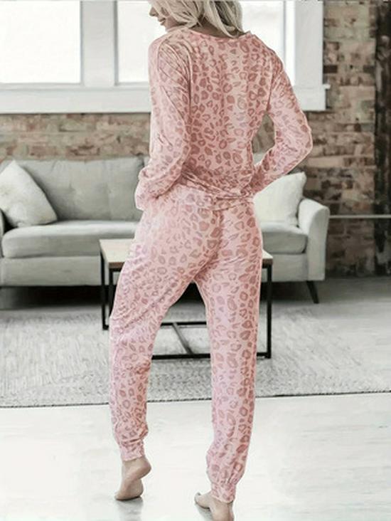 European and American Plus Size V-neck Butterfly Print Long-sleeved Top & Pants Leopard Set.