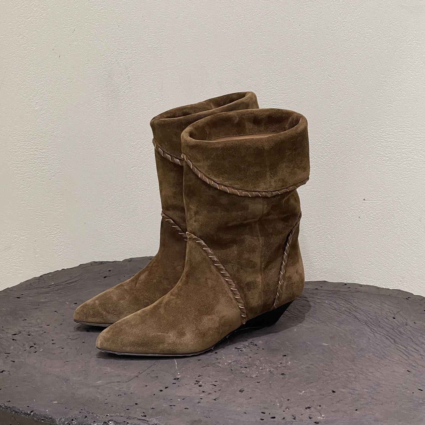 

Версия из коровьей кожи~ Нишевые ретро ботильоны с острым носком и толстым каблуком из натуральной кожи, женские ботильоны средней длины на танкетке в западном стиле Chimelad 40 коричневый