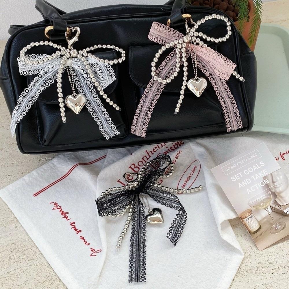 Punk Lace Bowknot Keychain Imitation Pearls Key Chain Ornament Exquisite Pearls Keychain  Daily Use