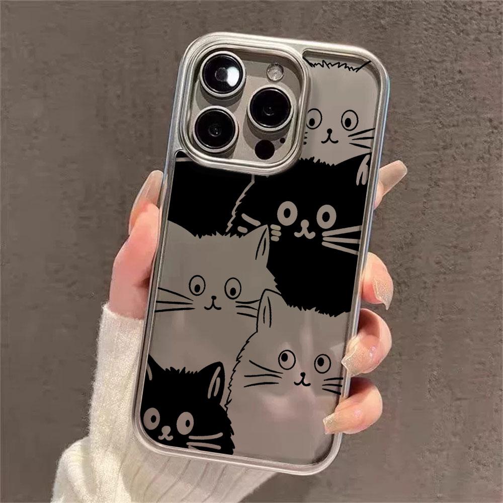 Cute Black White Cat Electroplated Clear Phone Case For iPhone 17 Pro Max 16 15 14 13 12 11 Pro 16 Plus 17 Air Shockproof Cover