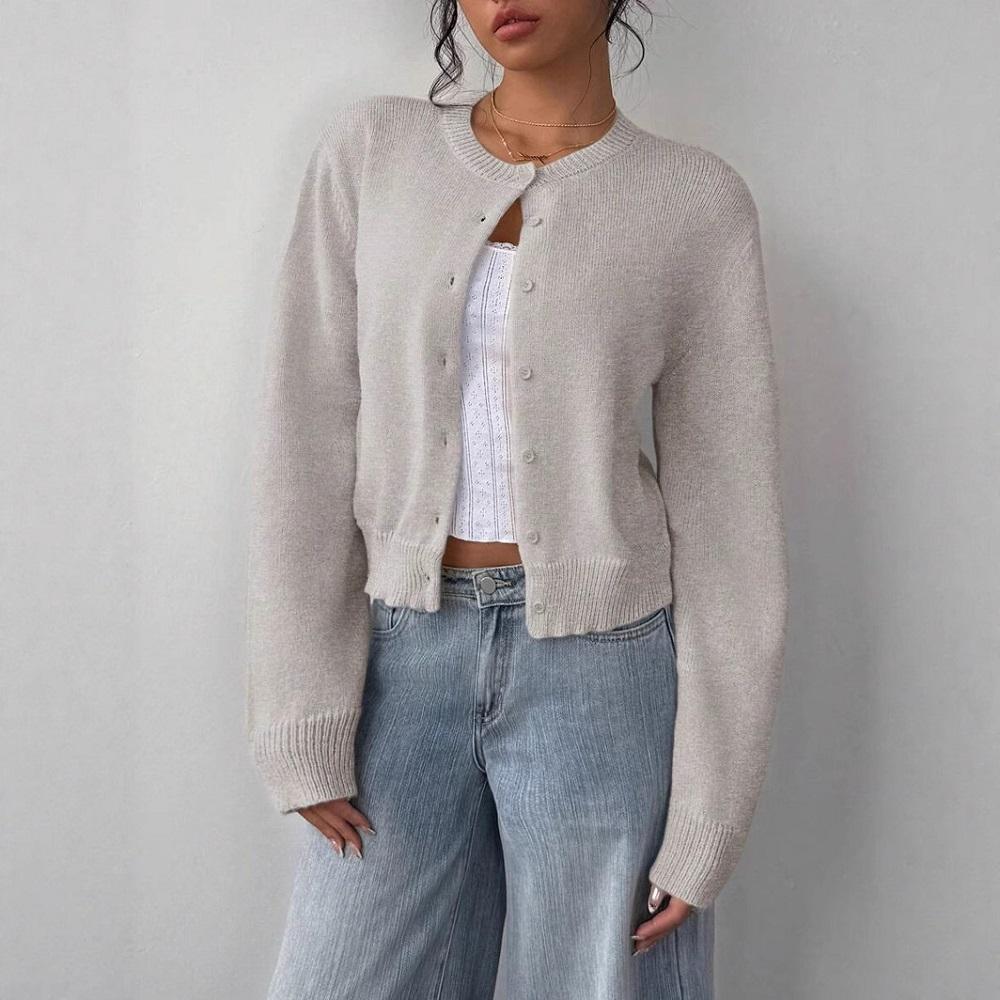 VAYLA Basics Ležérní jednobarevný kulatý výstřih dlouhý rukáv volný zkrácený dámský svetr kardigan