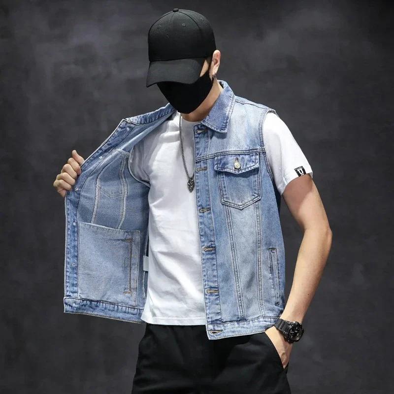 

Men s Sleeveless Denim Jacket, Single Breasted Lapel Vest Coat, Blue Gray Black Denim Top Vest, Asia Size M-5XL S светло-синий