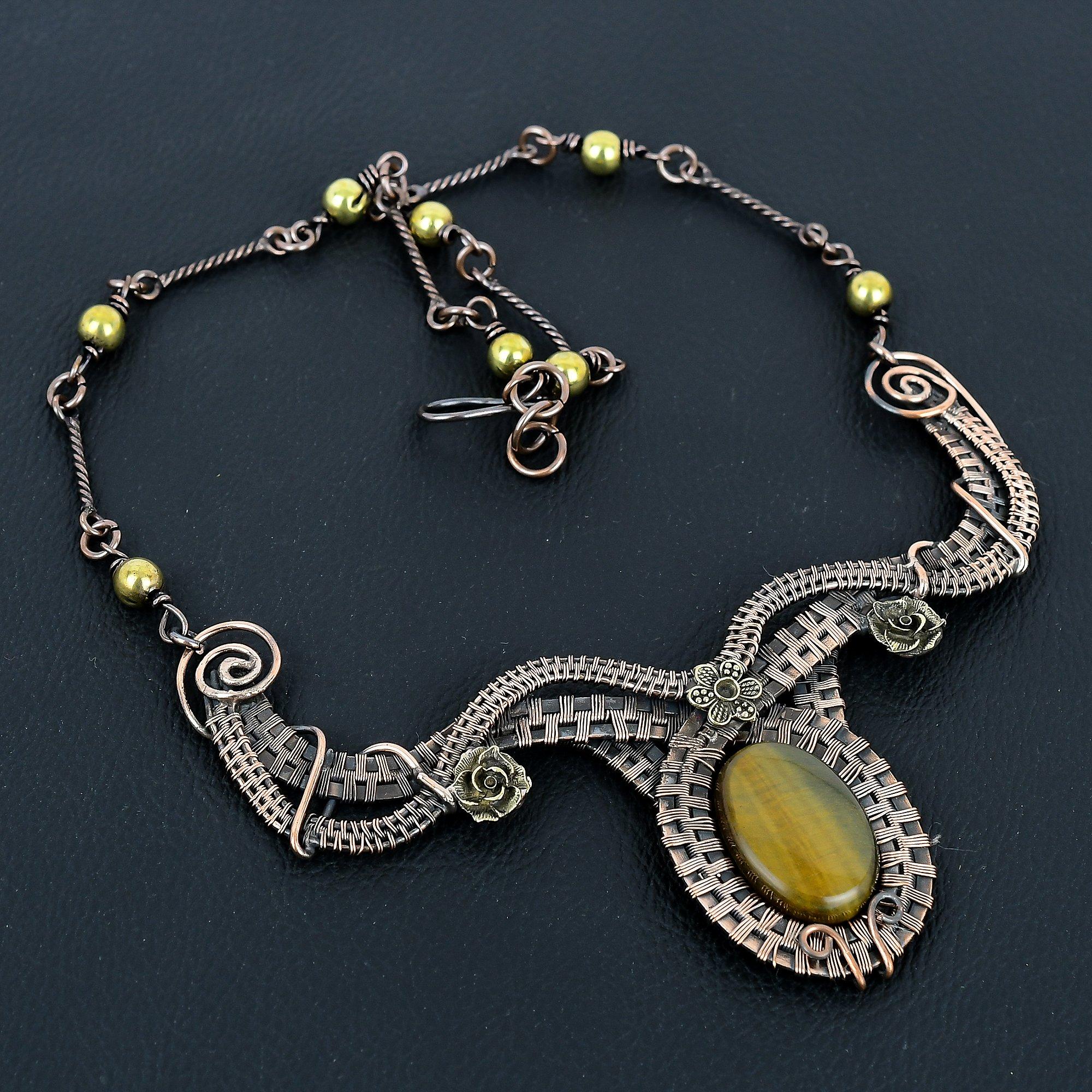 

Ожерелье из голубого тигрового глаза, украшения, обернутые медной проволокой 999 пробы, ювелирные изделия из драгоценных камней, ожерелье с регулируемой цепочкой, свадебные украшения ручной работы