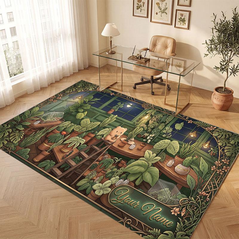 Floral Garden Theme Crystal Velvet Floor Rug Personalized Custom Name Text Warm Carpet Home Decoration