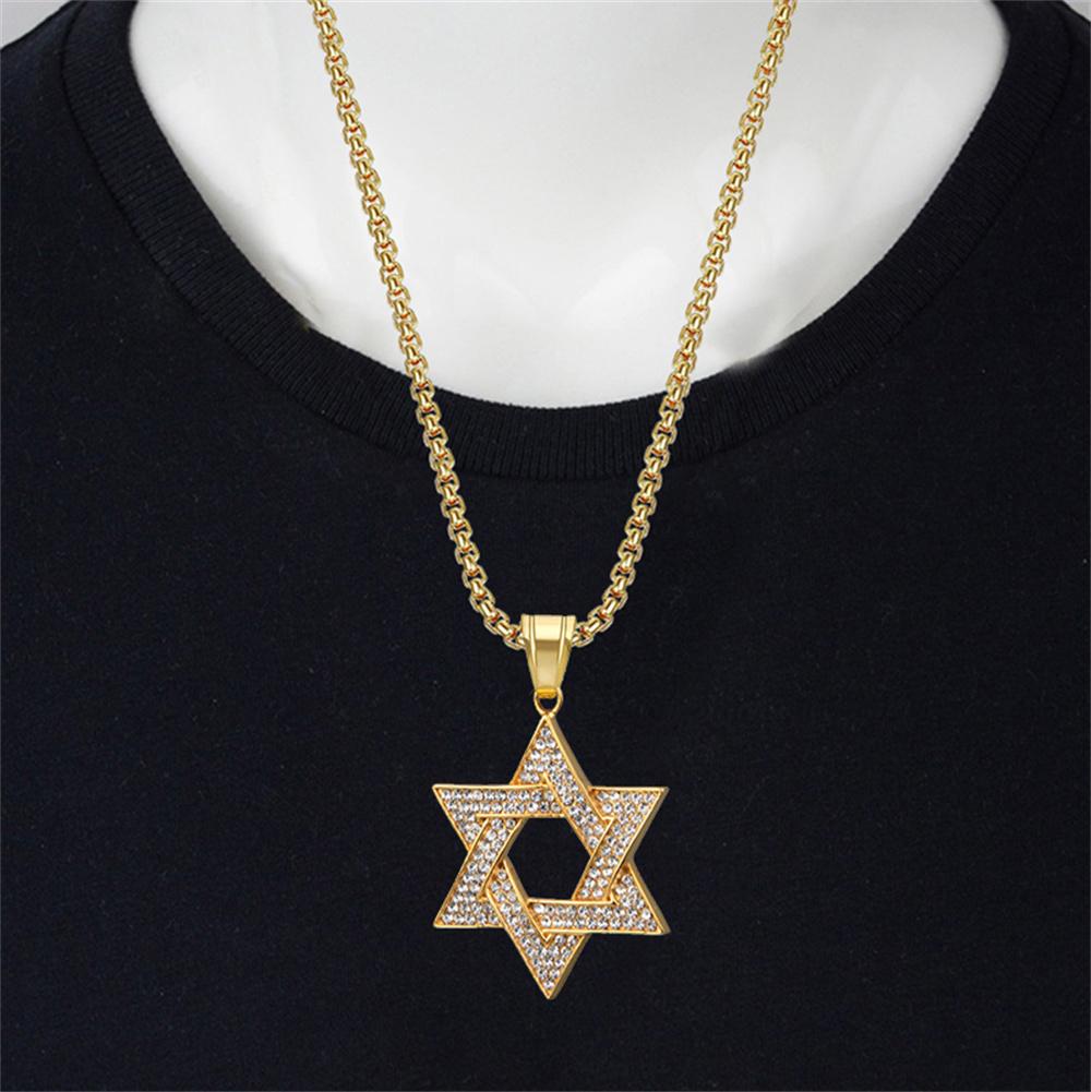 Hip Hop Iced Out Bling Star of David Pendants Gold Color Stainless Steel Hexagram Necklace for Women Men Jewish Jewelry Gift