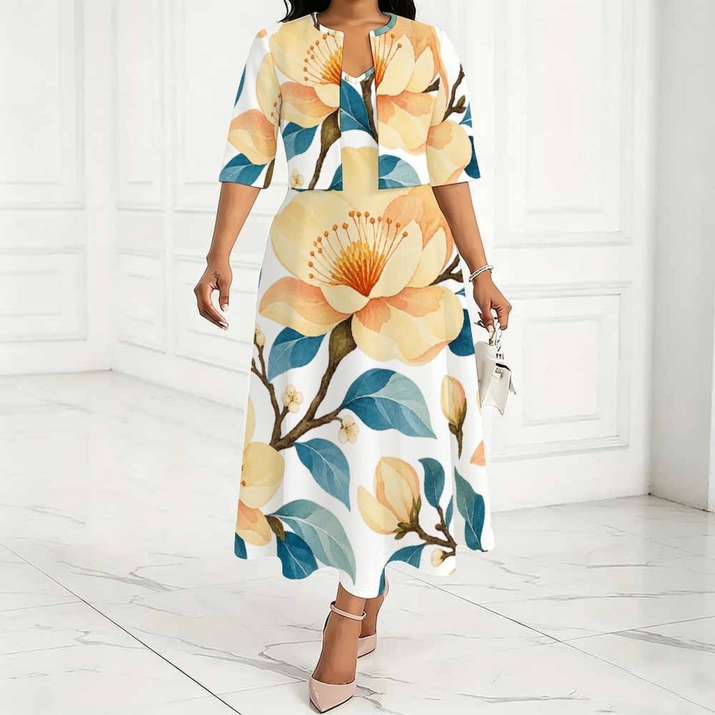 Women Plus Size Floral Printed Two Piece Set V Neck Sleeveless Midi Dress Short Sleeve Cropped Shrug