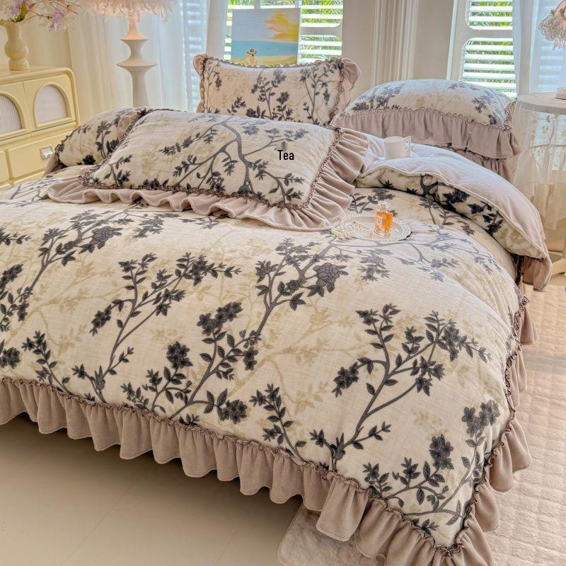 G5Z Winter-Samt Prinzessinnen-Spitzen Bettwäsche-Set - Flanell Bettdecke und Laken, Koralle, Vierteilig.