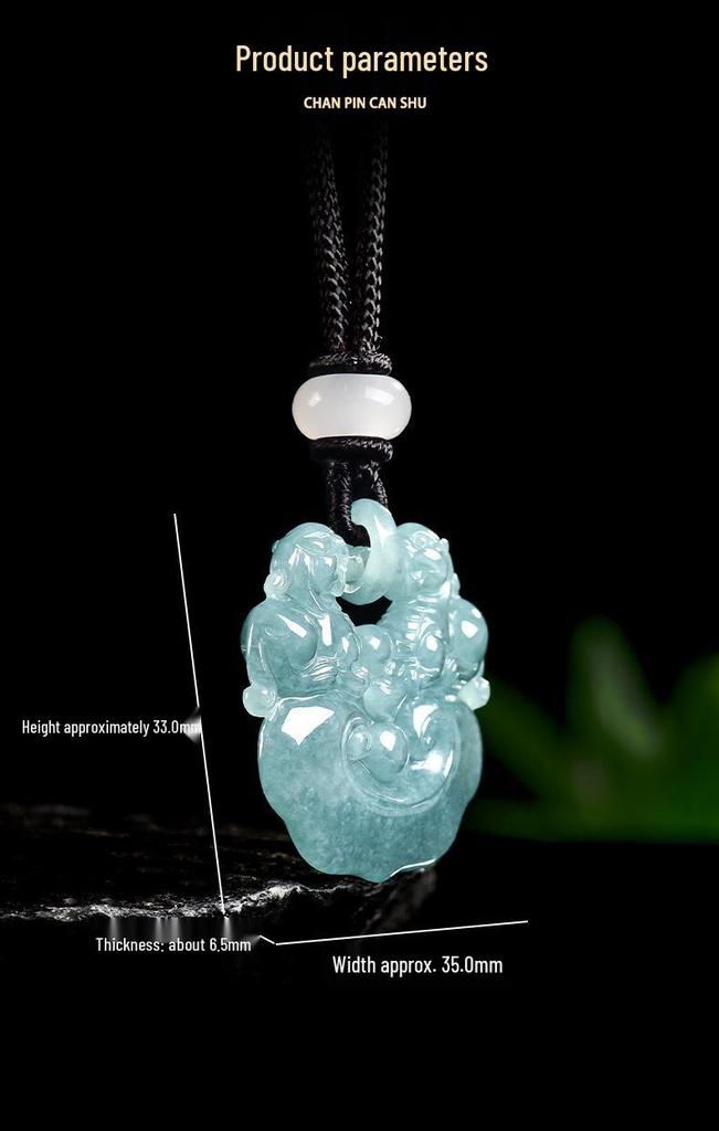 Premium Blue Jade Pixiu Ruyi Pendant Necklace with Leather Tassel