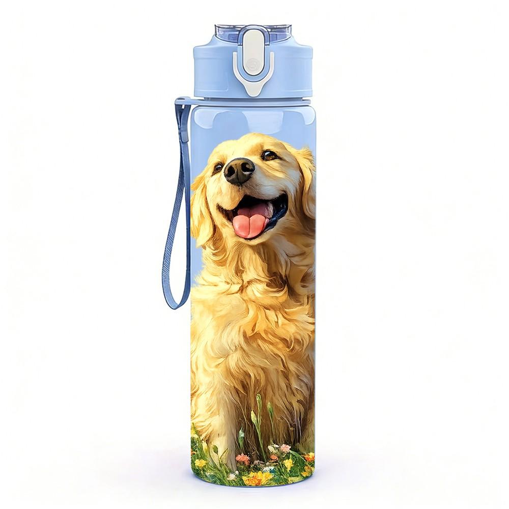 1PC Golden Retriever Puppy 750ml Color Plastic Sports Water Bottle Leakproof Flip Straw Lid Suitable for Sports Office Home Use