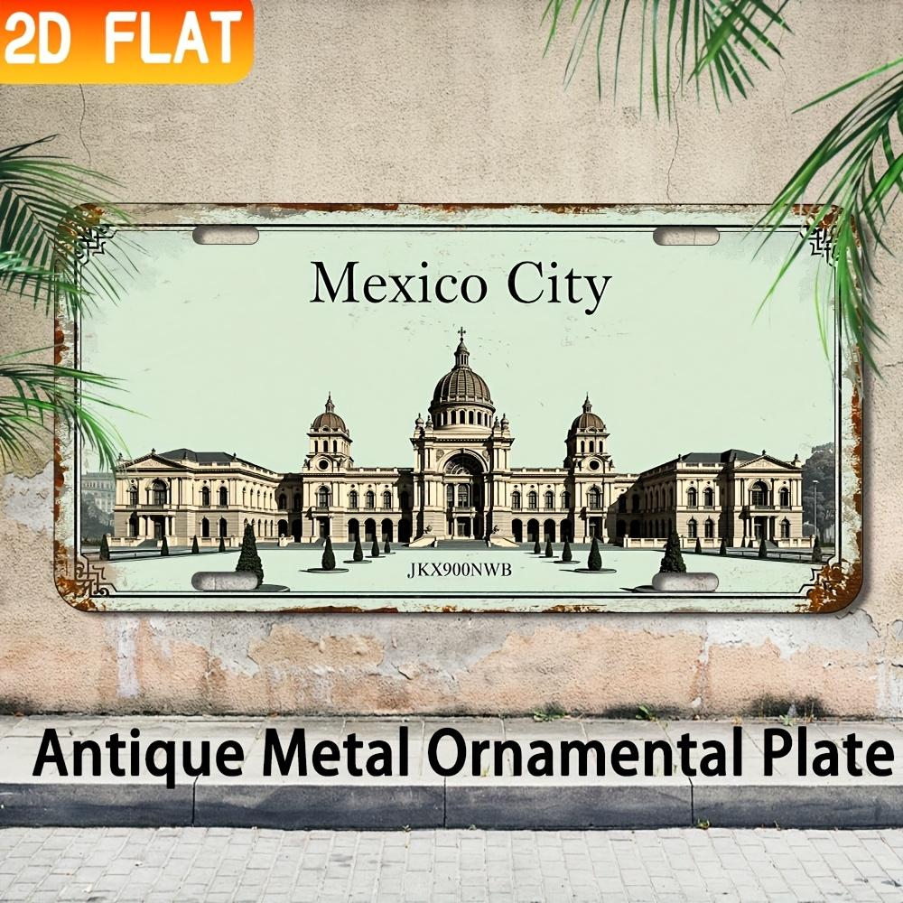 D Flat pc Vintage Wall Art Sign Mexico City Landmark Illustration Antique Aluminum Ornamental Plate for Home Bar Cafe 15x30cm(5.9x7.8inch)