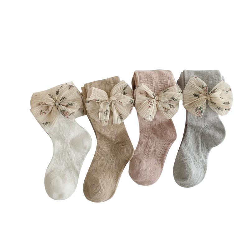 Girls' Lightweight Mesh Bow Tights: A-Grade Cotton Anti-Mosquito Base Layer Jumpsuit.
