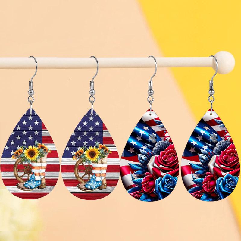 Patriotic American Flag with Sunflower Boots PU Earrings for Women, Independence Day American Flag Rose Flower Water Drop Earrings