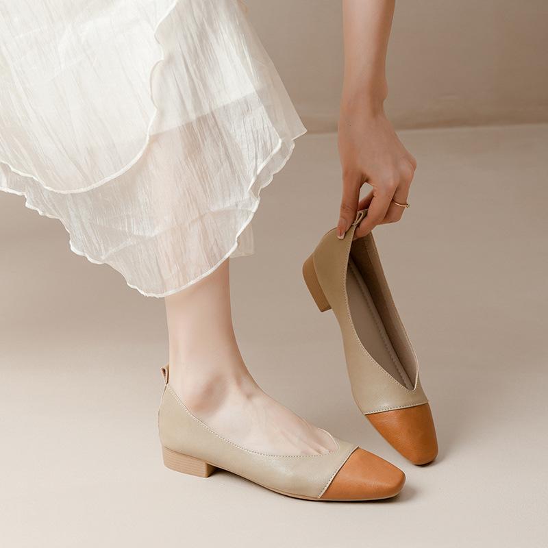 Kožené ležérní explozivní barevné sladění ploché jednobotky módní prošívání čtvercová špička francouzský lehký střih nízký podpatek babičkovské líné boty ženy