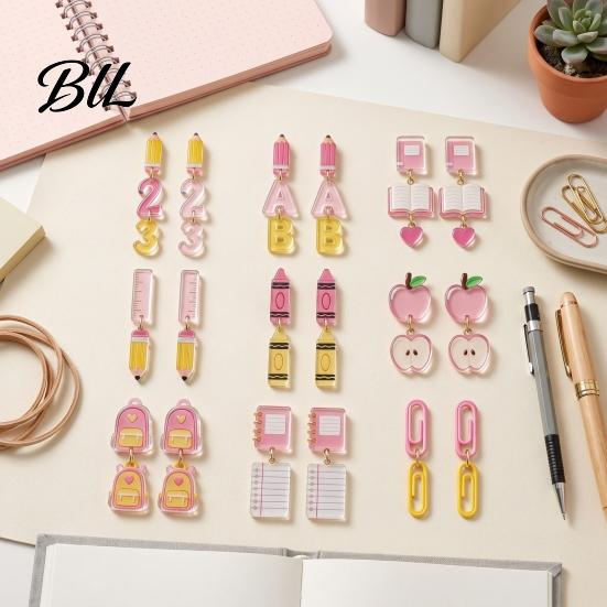 Personalized School Life Ornaments 1 Pair Teacher Earrings for Women, Cute 2D Acrylic Crayon Pencil Backpack Dangle Number Alphabet Earrings,