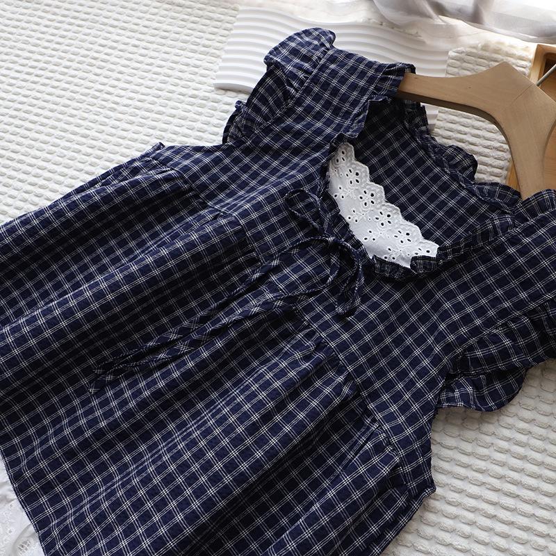 2025 Korean Style Sleeveless Plaid Lace-Trim Tie Top 3998