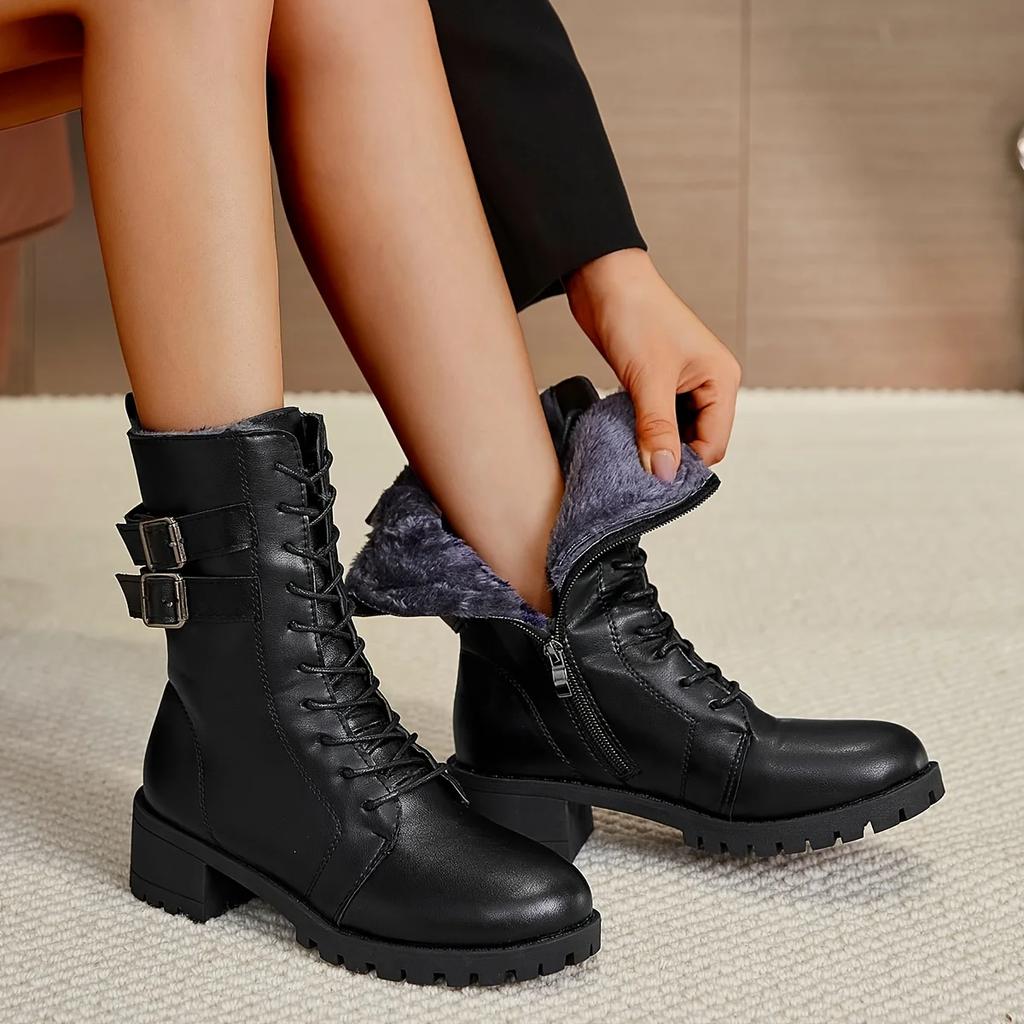 Women's Solid Minimalist Boots 2025 Winter Short Plush Shoes for Women Lace Up Chunky Heel Comfy Boots Versatile Mid Calf Boots